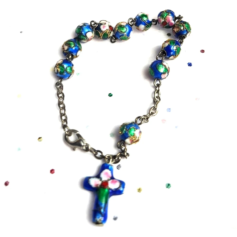 Vtg Cloissone Cloisonne Blue Enamel Rosary Cross Prayer Bead Bracelet - Picture 2 of 4